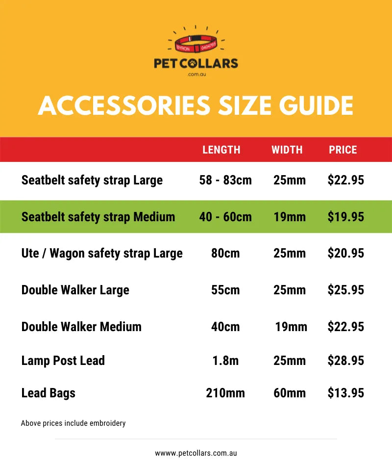 personalised pet seatbelt strap size guide